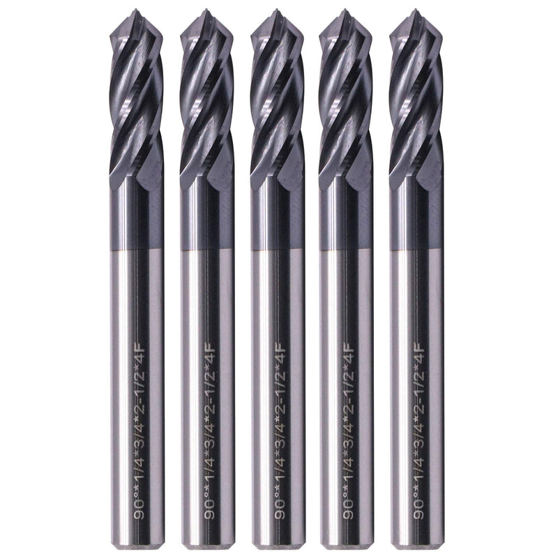4 Flute 90° Solid Carbide Drill Mill Set(5Pc, 1/4"), AlTiN Coated | 90° Included Angle, 1/4" Cutting Dia, 1/4" Shank, 3/4" LOC, 2-1/2" OAL For Milling Alloy Steel, Carbon Steel, Iron, Copper 5Pcs 1/4"