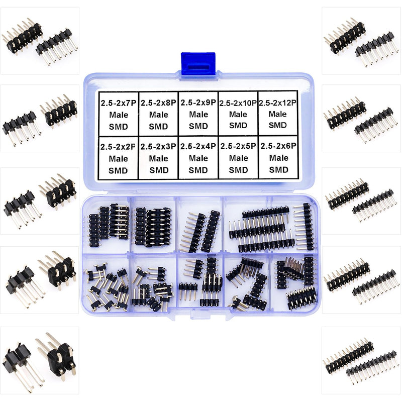 2.54mm SMD Header Connector Kit, 2 Row Male Pin Header Strip, Black, Plastic, PCB Mount, 252 Contacts, 100 Positions, 2 Poles, 2-12P, DIY Electronics Hobbyists 2 Row-Male-Pins