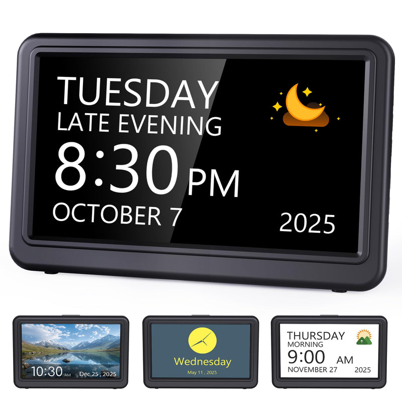 Raynic Date Clock, Digital Clock with 12 Themes, 20 Alarms, 20 Reminders, Semi-Automatic Dimming, 12/24 Hours, Auto DST Clock for Seniors Desktop, Office, Students (Black, 7 Inches) Black