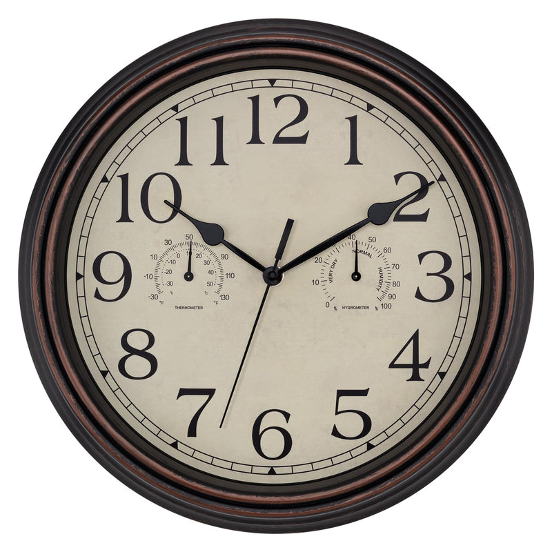 Foxtop Indoor Outdoor Waterproof Wall Clock with Thermometer and Hygrometer Combo, 14 Inch Retro Silent Non-Ticking Battery Operated Quartz Round Outdoor Clocks for Patio Home Office (Bronze) 14"bronze
