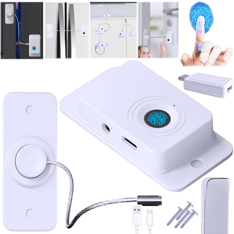 Fingerprint Refrigerator Cable Lock Childproof for Filing Cabinet Door Drawer Freezer, 90 Degree Window Locks French Fridge Latch RV Furniture Anchors Anti Tip, Adhesive/Drill, w/USB Key