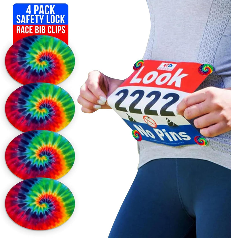 DanceSNAPS Bib Clips - Safety Lock Fasteners - Secures Dance Competition & Dance Conventions Event Numbers, Non-Magnetic, Easy to Use - Replacement for Pins & Magnets - Tie Dye (4pcs)