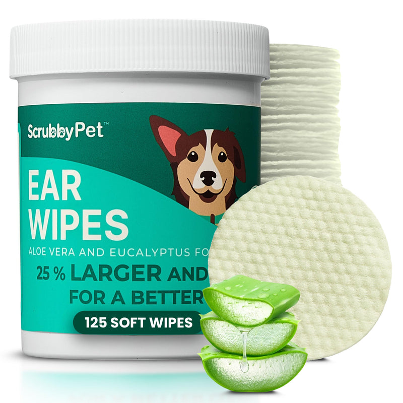 Dog Ear Wipes for Dogs | Extra Thick with Aloe Vera & Eucalyptus | 125 Count | Hypoallergenic Ear Cleaner for Dogs with Pearl Texture for Deeper Clean | Scrubby Pet Aloe Vera + Eucalyptus - PawsPlanet Australia