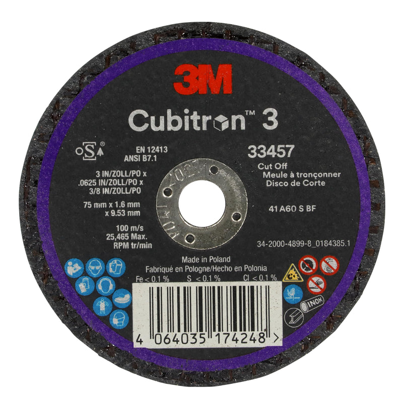 3M Cubitron 3 Cut-Off Wheel 33457, 3 in x 0.0625 in x 3/8 in, Long Lasting Performance, High Cut Rate, for Automotive Cutting and Splicing, Collision Repair, 5 Wheels