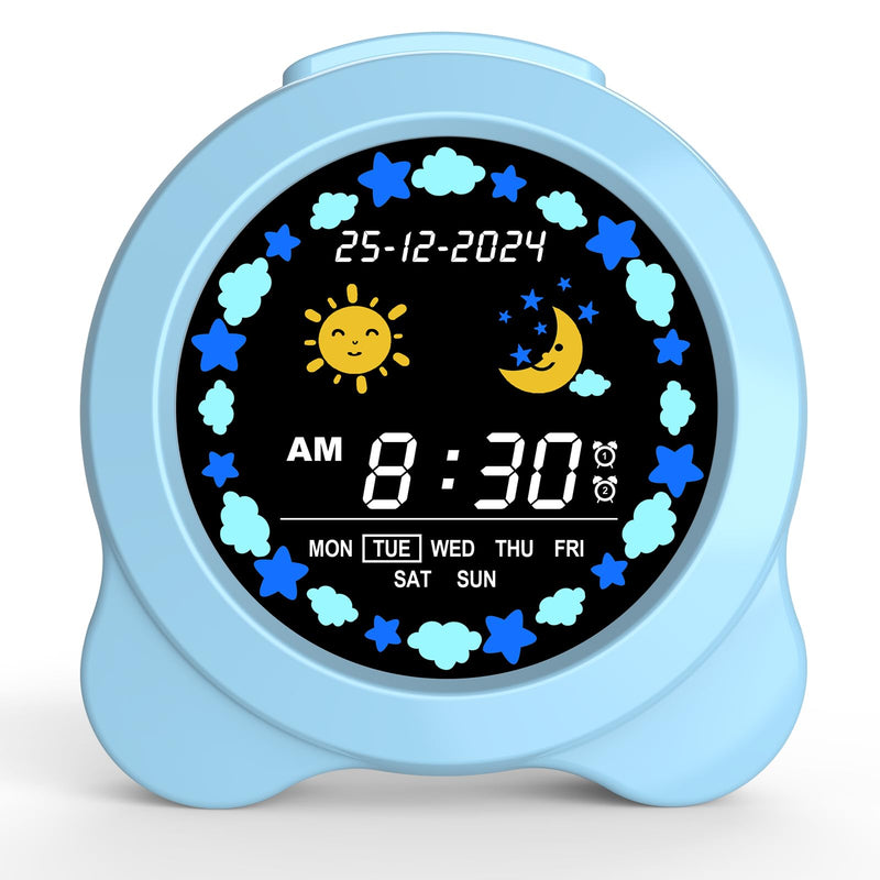 Kids Alarm Clock, Sun & Moon LED Display with Day & Date, Children's Sleep Trainer with Night Light & Sleep Sounds, Cute Wake Up Clock for Kids Bedroom, Easy to Use Birthday Gift for Boy and Girls Sky Blue