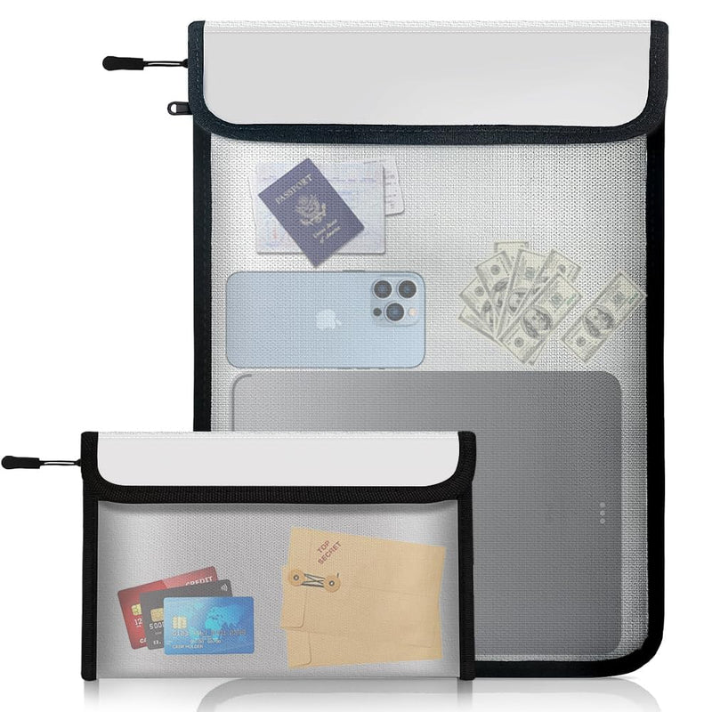 Fireproof Waterproof Document Bag - 2000℉ Protection, Upgraded Two Pockets, Reflective Strips | 2 Sizes (5x8in & 11x15in) | Certified Fire Safe Bag for Cash, Passports & Legal Files Black
