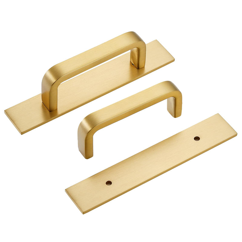Solid Brass Cabinet Pull with Backplate, 2 Pack Brushed Gold Modern Drawer Handle for Cabinets Drawers and Wardrobes（2, Brushed Gold, 3 Inch(76mm) Hole Centers