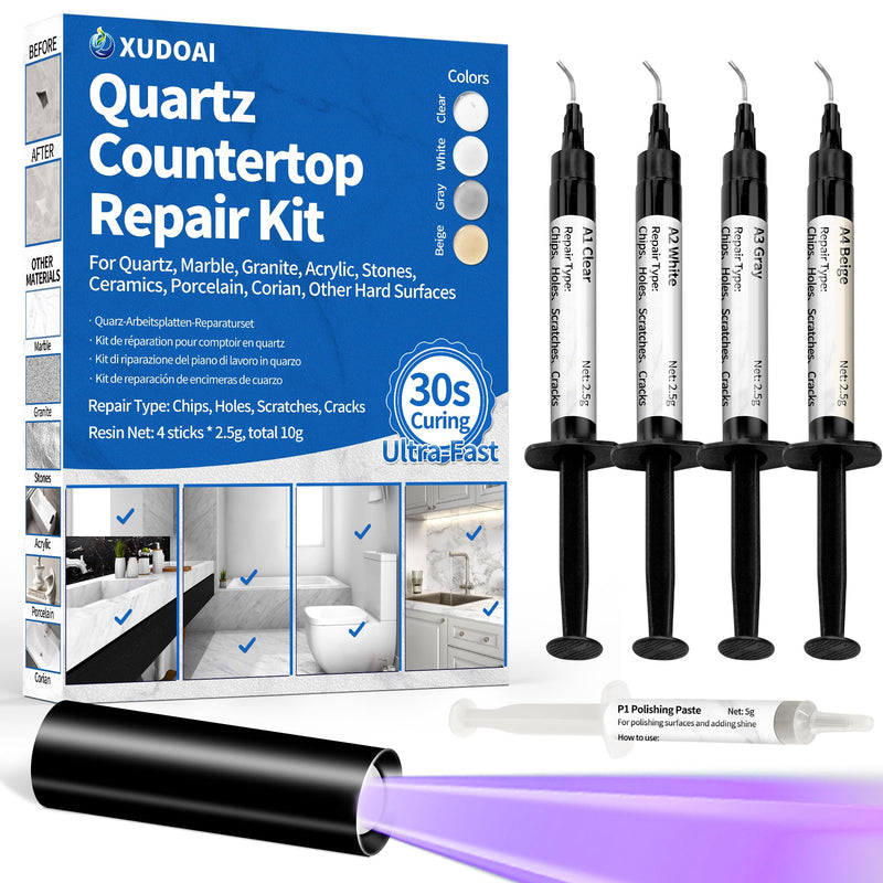 Quartz Countertop Repair Kit (Clear, White, Gray, Beige) 30s Fast Curing DIY Fix Luxury Stone, Granite Marble Acrylic Porcelain Fiberglass Quartz Countertop Chip Repair Kit for Cracks Holes Scratches - NewNest Australia