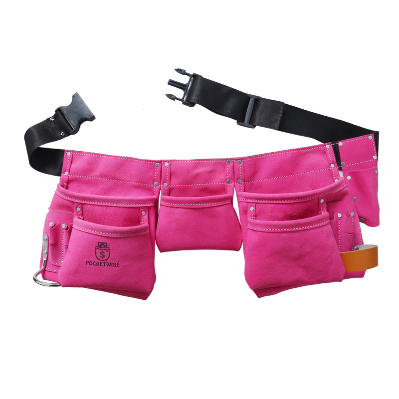 POCKETWISE Women's Tool Belt, 11 Pockets, Pink Leather, Adjustable Work Apron