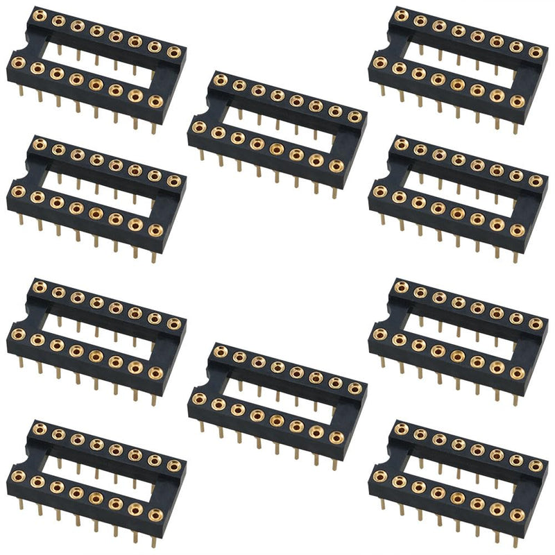 10PCS Gold Plated DIP IC Chip Socket Adapter 2 Rows 16 Round Pin Soldering IC Chip Socket Adapter for Double Rows Flat Straight Pin Soldering PCB Board Electronic Components