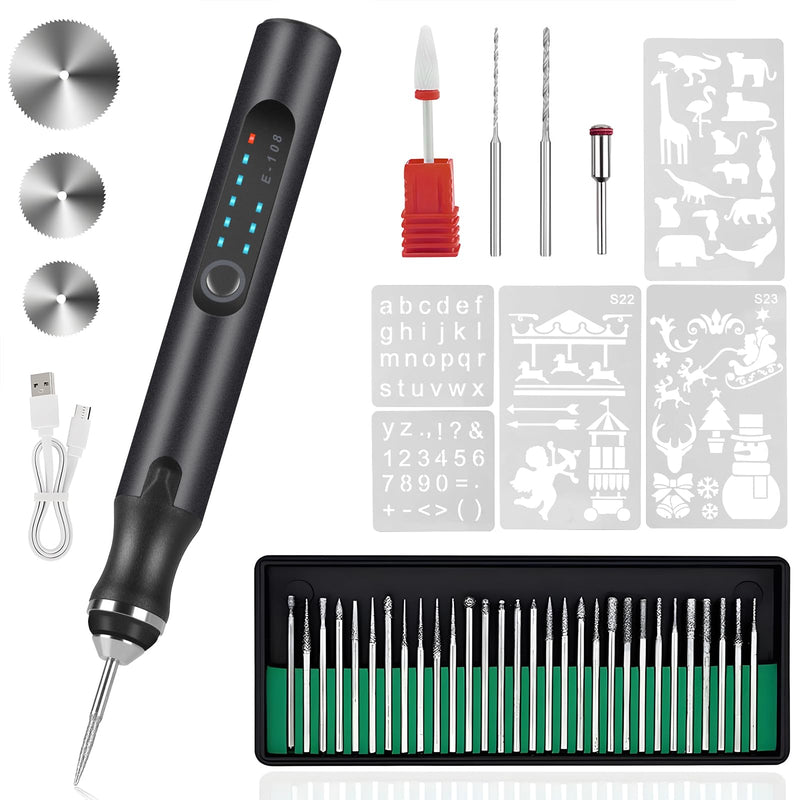 Electric Engraving Pen with 37 Bits, USB Rechargeable Cordless Engraving Machine, Portable DIY Rotary Engraver for Jewelry Wood Glass Stone Carving, Black