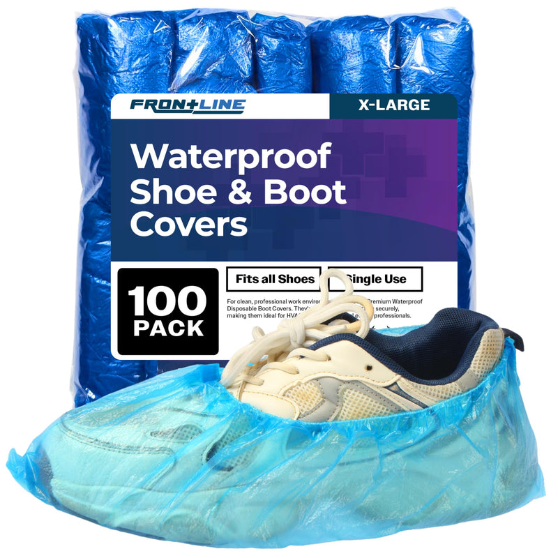 Frontline Shoe Covers Disposable Waterproof, Recyclable Premium Thick Plastic, SLip Resistance, Durable, Booties for Shoes, XL One Size Fits Most, Indoor Outdoor Shoe Covers (100) 100