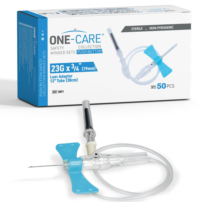 ONE-CARE Push-Button 23G x 0.75'', 12'' Tube, Luer Adapter, Auto-Retract, Individually Packed, 50 pcs, REF 5071