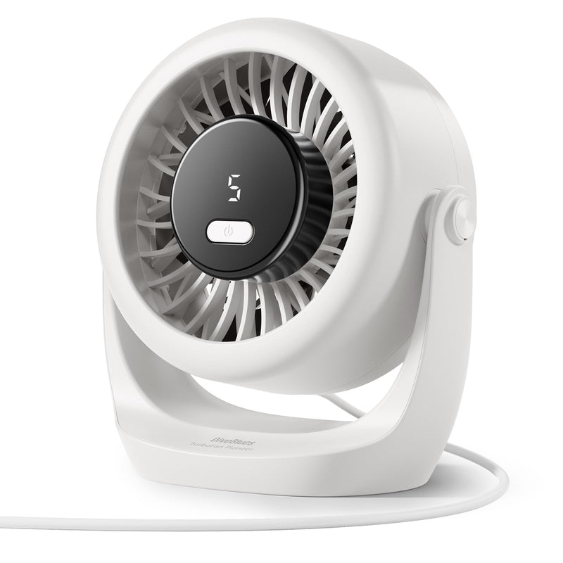 Diveblues USB Desk Turbo Fan, Ultra-Quiet Mini Desk Fan, Powerful Wind, LED Display, 5 Speed, 360° Rotating Small Portable Fan for Home, Office and Outdoor Cool Tech Gadgets - TurboBreeze Snow white
