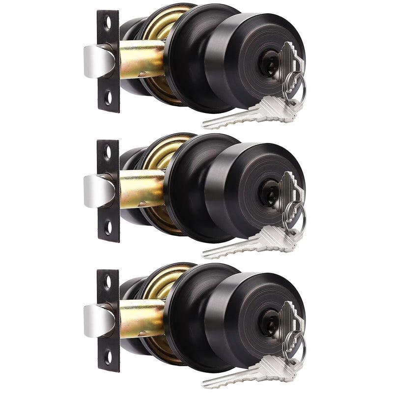 Probrico Keyed Alike Entry Door Knobs, Oil Rubbed Bronze Cylindrical Shape Interior Door Knobs with Lock and Keys,3 Pack
