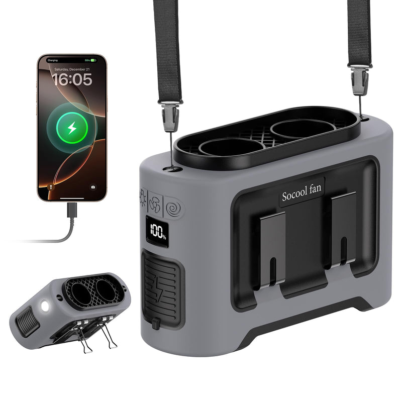 Socool 14500mAh Portable Waist Fan Clip on Wearable Belt Rechargeable Personal Fan, Dual Air Outlet, 40H Cooling 5-Speed Battery Operated Fans with Light, Neck Fan Hanging for Outdoor Camping Travel Gray