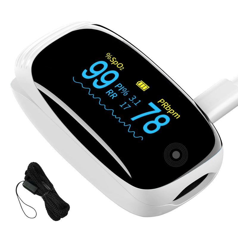 Fingertip Pulse Oximeter, Blood Oxygen Saturation (SpO2) Monitor for Fast Readings, Track Heart Rate, Respiration Rate (RR) & PI, Rechargeable with Rotatable OLED Display, 6 Modes, Portable - White