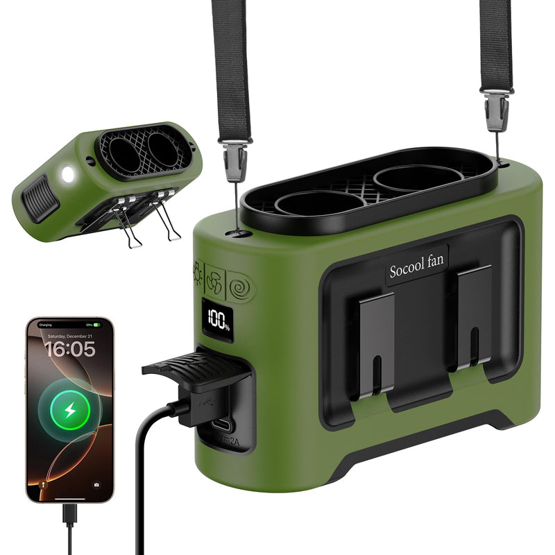 Socool 14500mAh Portable Waist Fan Clip on Wearable Belt Rechargeable Personal Fan, Dual Air Outlet, 40Hrs Cooling 5-Speed Battery Operated Fans with Light, Neck Fan Hanging for Outdoor Camping Travel Green