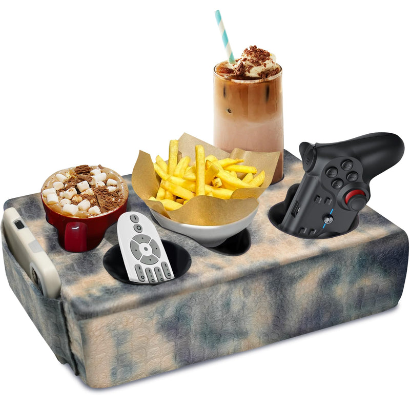 Couch Cup Holder Pillow, 5 Hole Couch Drink Holder! Keep Drinks Hand Side and Keep Temp, Prevent Spills and Use Anywhere. Cup Holder for Couch, Bed, Camping, RV, Car, Beach. Beige Gray