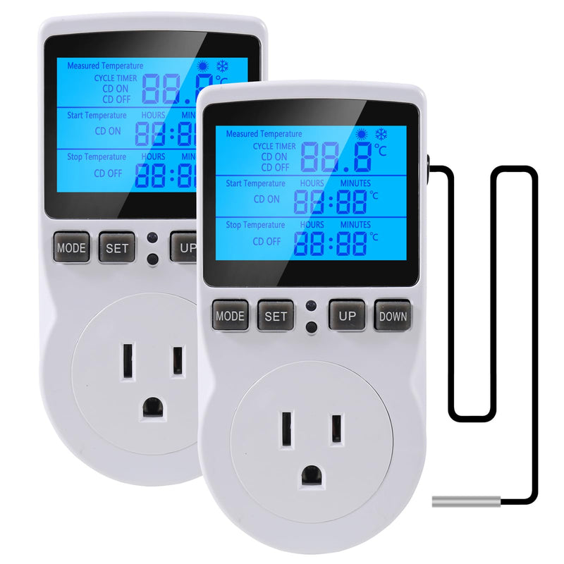 UMLIFE 2Pack Digital Thermostat Temperature Controller Electric Digital Thermostat Heating Cooling Control Mode Timer 1800W 120V 15A Greenhouse Heater with Thermostat Backlit Display 2PCS