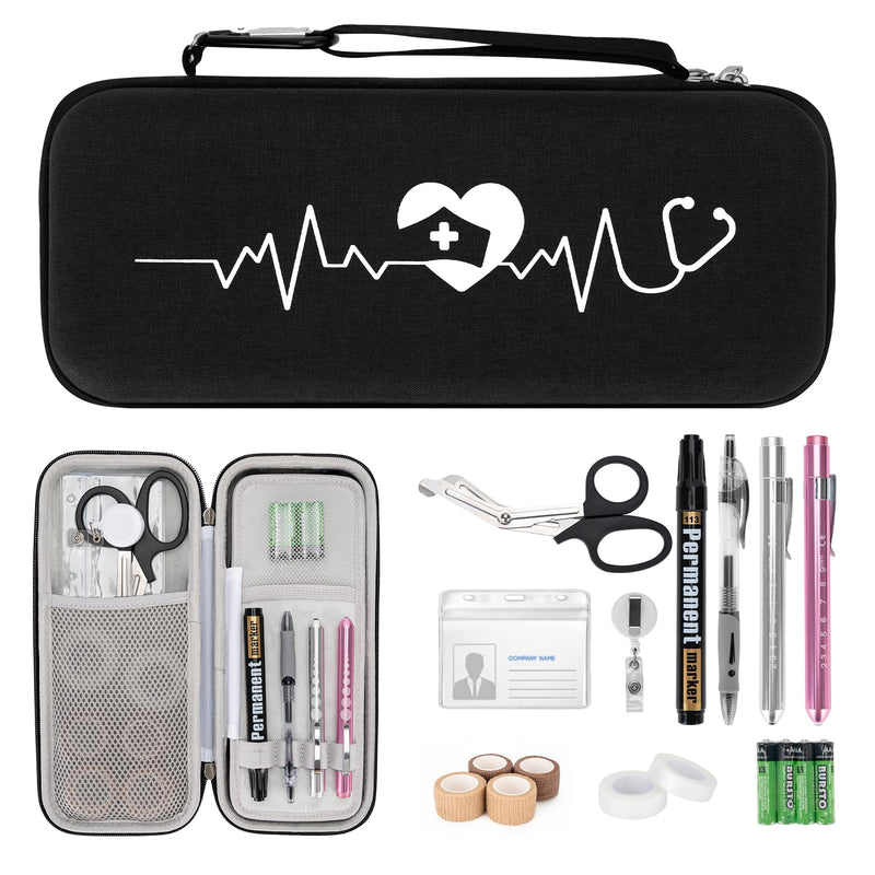 SMYV 17 pcs Stethoscope Case Kit, Nursing School Essentials Include Stethoscope Case, Medical Scissors, Pen Lights, Bandages, Ideal Gifts for Nurse Student Black with Supplies