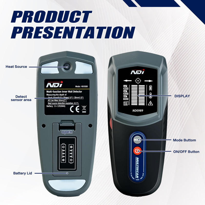 NDI ND0989 Multi-Function Stud Finder and Heat Source Detector Accurate Detection of Studs, AC Live Wires, and Heat Sources Behind Walls Ideal for Home Improvement, Electrical Installation