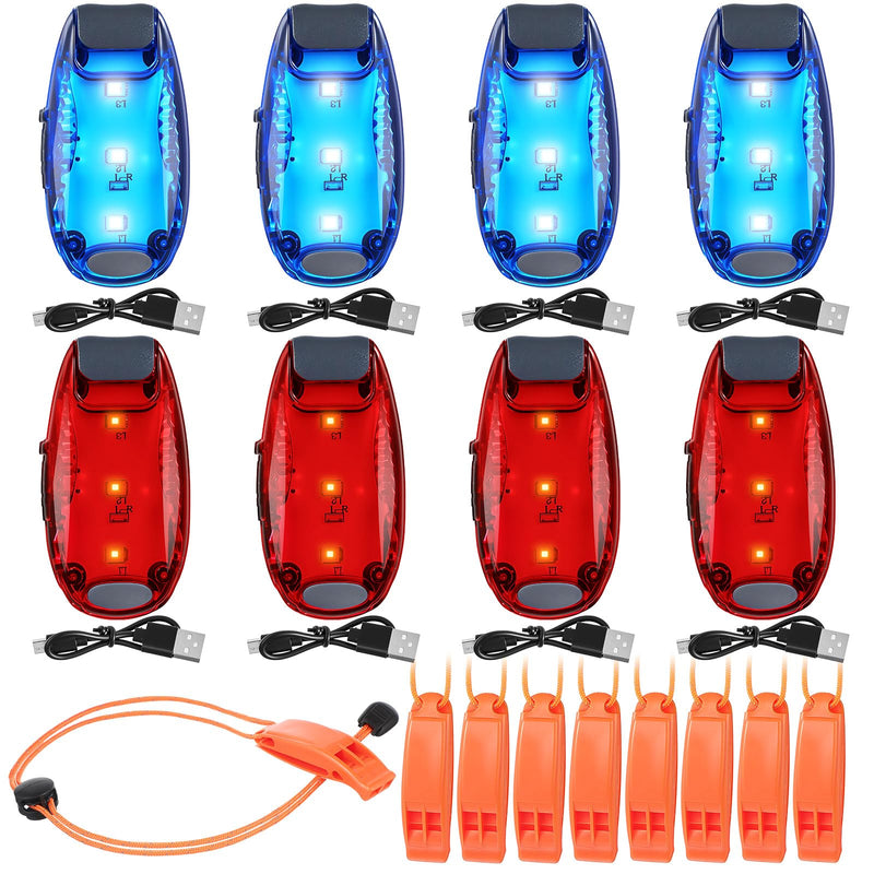 Tellegloww 16 Pcs Kayak Lights for Night Kayaking, 8 Pack USB Rechargeable Waterproof LED Red & Blue Boat Safety Warning Strobe Light with 3 Modes Easy Clip-on & 8 Emergency Whistles for Night Fishing