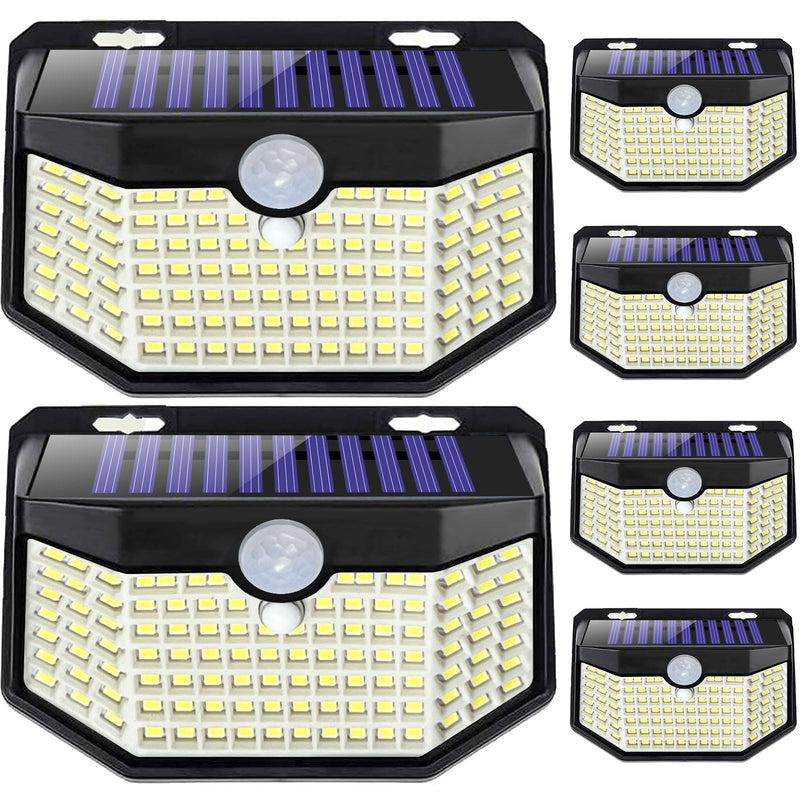 HMCITY 120 LED Outdoor Solar Lights with Motion Sensor and 3 Lighting Modes, IP65 Waterproof Wide Solar Wall Lights Ideal for Garden Patio Yard (Front Button 6Packs, Black Shell-Daylight White) Front Button 6Pack