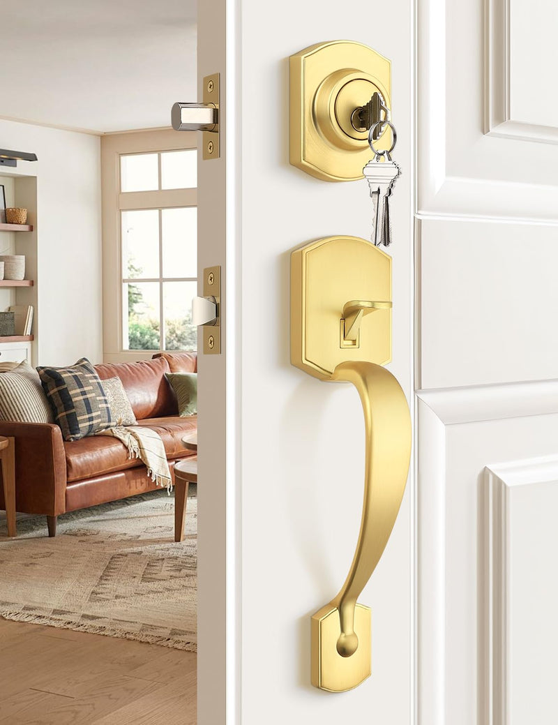 Camelot Brushed Gold Front Door Handle and Deadbolt Set, Front Door Lock Set, Satin Brass Finish, Upgated Entry Door Handle with Accent Wave Door Lever with Reversible Handle Lever, 1 Pack Gold - Deadbolt Set2