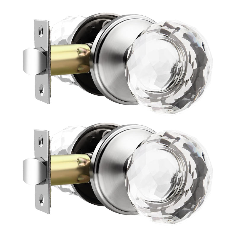 2 Pack Crystal Door Knobs Interior, Elegant Satin Nickel Closet Door Knob, Keyless Glass Door Knobs for Hallways and Laundry Rooms 2