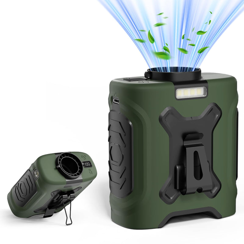 Portable Waist Fan 10000mAh Portable Waist Fan 18000RPM Neck Fan With Max 12H Working Time 5 Speeds adjustment with LED flashlight and Charging display Cooling for Outdoor Jobsite and etc(Green) Green