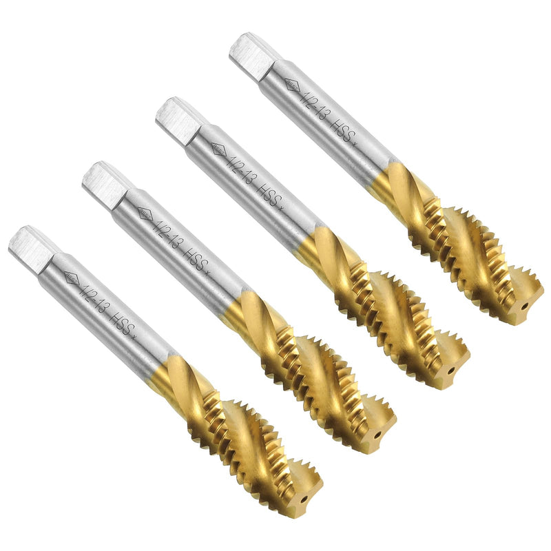 uxcell 4pcs Spiral Flute Thread Taps, 1/2-13 UNC H2 Screw Threading Tap, Titanium Coated 6542 High Speed Steel Machine Tapping Tools for Machinist Repair