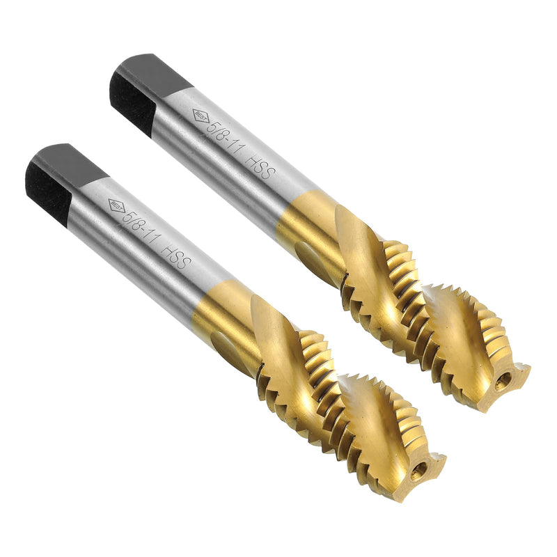 uxcell 2pcs Spiral Flute Thread Taps, 5/8-11 UNC H2 Screw Threading Tap, Titanium Coated 6542 High Speed Steel Machine Tapping Tools for Machinist Repair