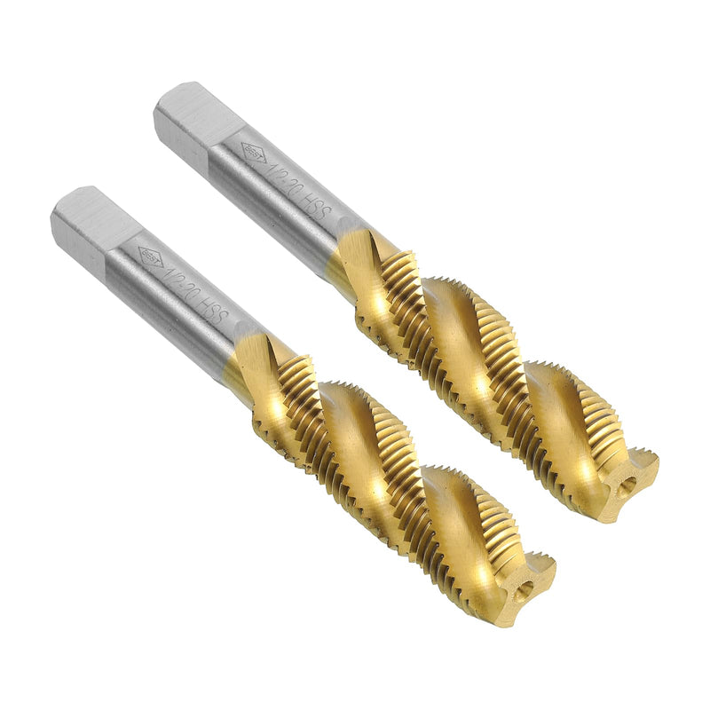 uxcell 2pcs Spiral Flute Thread Taps, 1/2-20 UNF H2 Screw Threading Tap, Titanium Coated 6542 High Speed Steel Machine Tapping Tools for Machinist Repair