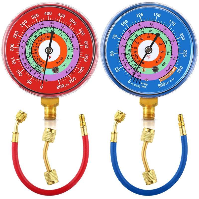 Relaxweex Refrigeration Pressure Gauge with 12'' Hose Kit R22/r404/r-410a 0-800psi 1/8" Npt Lower Mount 30inhg-0-250psi, 250-500psi & 0-800psi Degree F 40345 Blue & 40344 Red Dial (80mm(3-1/8" Dial))