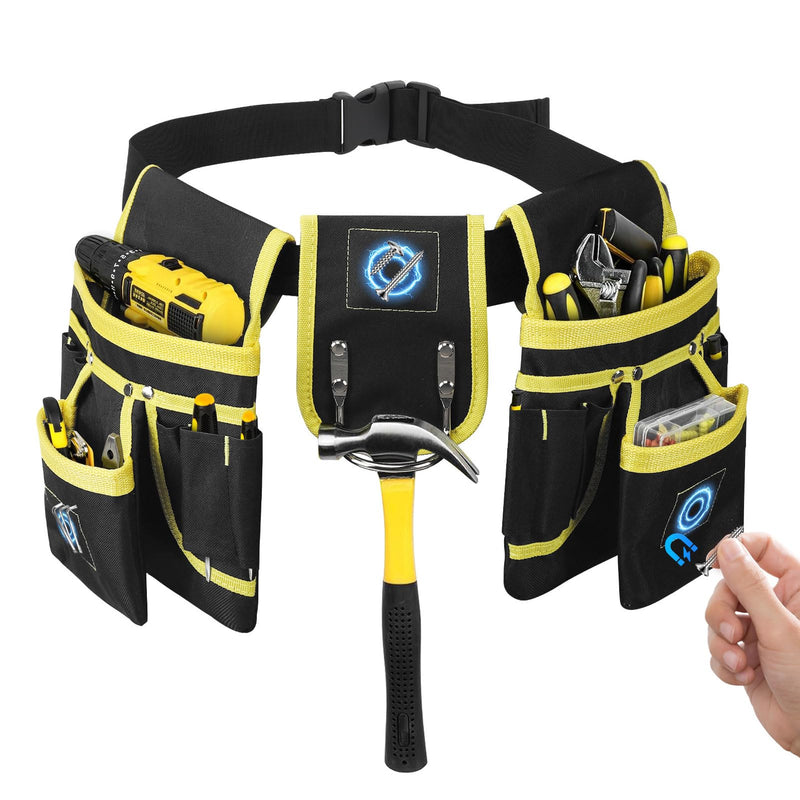 Tool Belt, Professional Tool Belts for Men, 26 Pockets Magnetic Tool Pouch, 31 to 48 Inches Adjustable Waist, Oxford Fabric, Tool Belt with Suspenders for Electrician, Carpenter (Yellow) Yellow