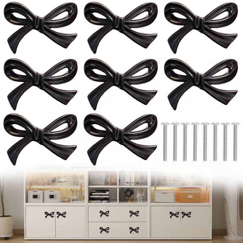 8 Pcs Black Bow Cabinet Knobs Vintage Bow Shape Cabinets Handle with Screws Bow Tie Dresser Knobs Bow Shaped Drawer Cupboard Pulls Suitable for Wardrobe Drawers Storage Cabinets Bookcases (Black-8Pcs) Black-8Pcs