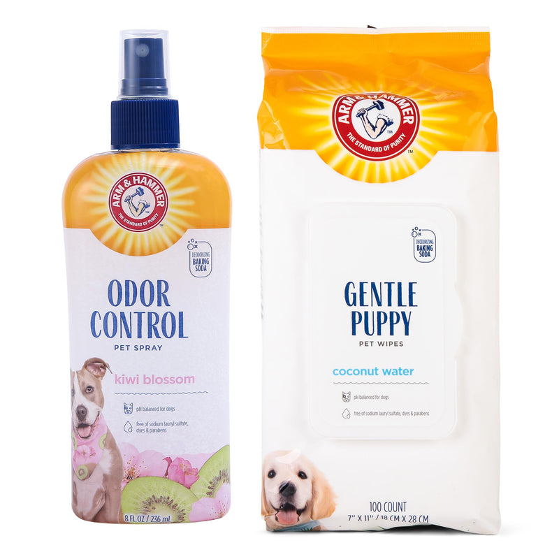 Arm & Hammer Dog Grooming Bundle - Super Deodorizing Spray (Kiwi Blossom, 8 oz) & Deodorizing Wipes (Coconut, 100 Count), Odor Eliminator for Dogs & Puppies, Whole Body & Face Cleaning - PawsPlanet Australia