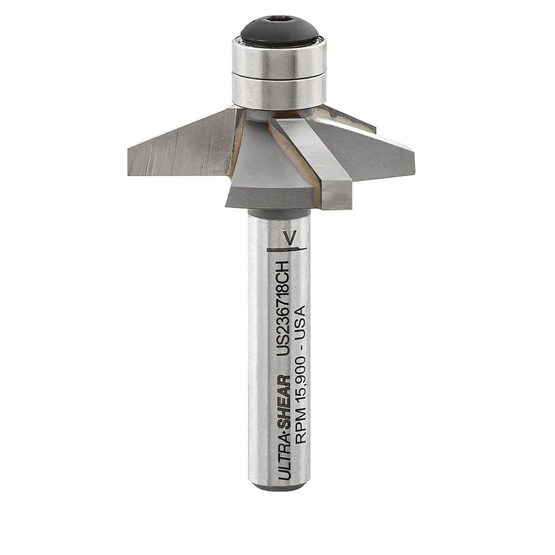 Chamfer Router Bit, 1/4 Shank, 67.5 Degree, 3 Flute, Twin Bearing, Carbide Tipped, USA Made Edge Forming Bevel Bit - US236718CH 67.5 Deg