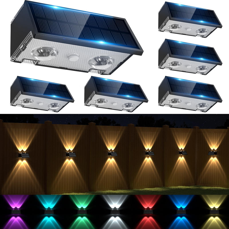 Solar Fence Lights Outdoor Waterproof, Warm & Cool White RGB Dusk to Dawn LED Wall Mount Sconce Light Up & Down Deck Lights Solar Powered for Outside Garden Patio Backyard Garage(6 Pack) 6 PK Black