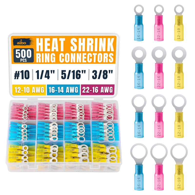 ALBO 500PCS Heat Shrink Ring Terminal Kit – Wire Terminal Connectors Assortment for 22-10 AWG, Waterproof Electrical Connectors Set – Tinned Copper Electrical Ring Terminals Set AWG 22-10 500 pcs