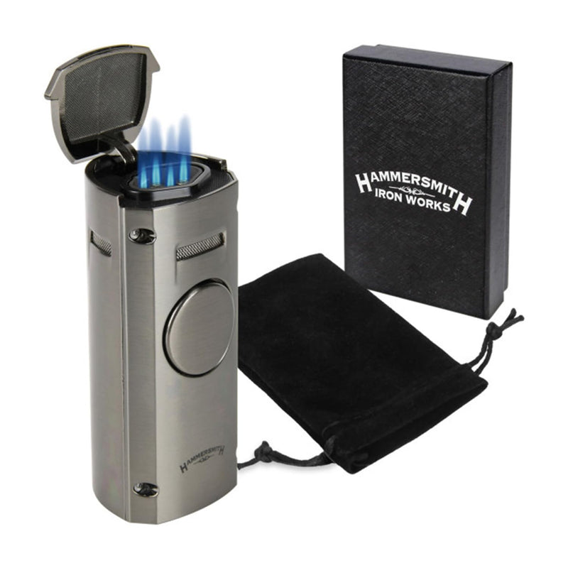 Hammersmith Howitzer Table Butane Torch Lighter for Cigars and Cigarettes, Refillable Lighters, Cigar Torch with Fold-Out Punch Cutter, Push-Button Ignition, & Flame Adjustment - Gunmetal