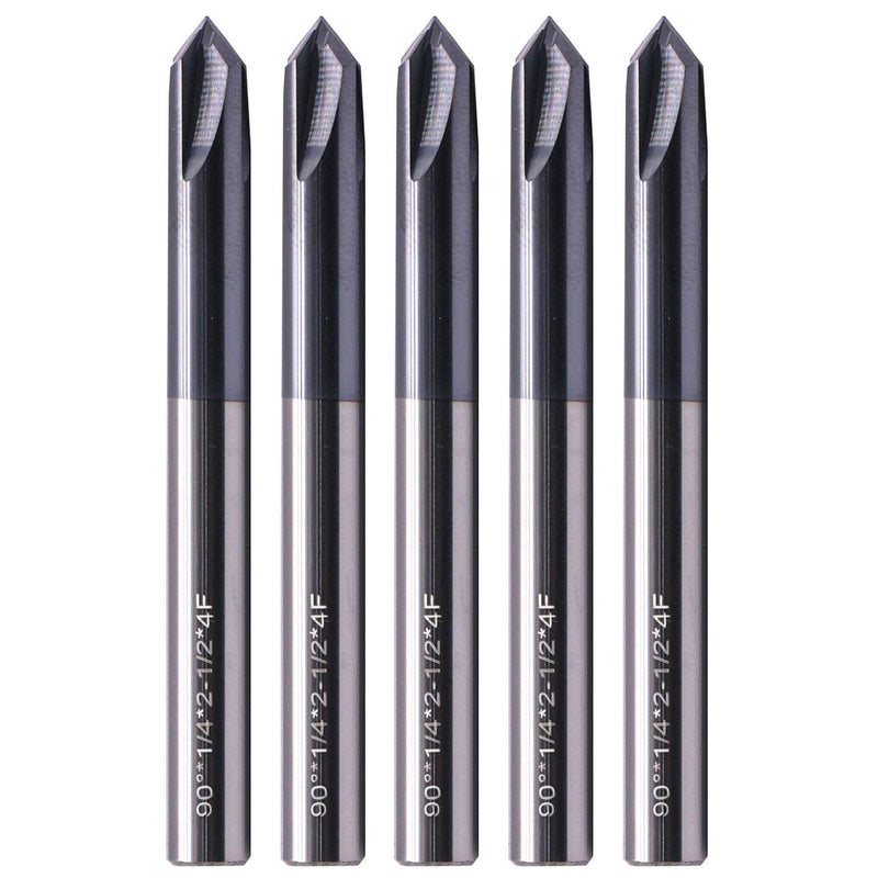 4 Flute 90° Solid Carbide Chamfer End Mill Set(5Pcs, 1/4"), AlTiN Coated | 90° Chamfer Angle, 1/4" Shank 2-1/2" OAL, Single End, V Groove Router Bit, for Milling Alloy Steel, Carbon Steel, Cast Iron 1/4 in 5