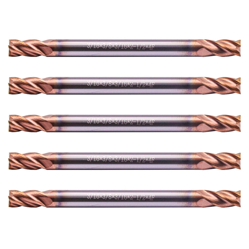 5 Pack 3/16" 4 Flute Double End Solid Carbide Square End Mill, TiSiN Coated | 35° Helix, 3/16" Cutting, 3/16" Shank, 3/8" LOC, 2-1/2" OAL, for Milling Alloy Steel, Carbon Steel, Cast Iron 3/16 in 5