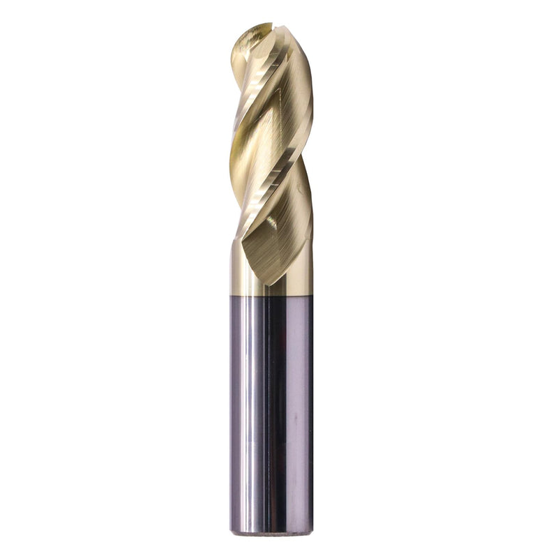 1/2" 3 Flute Solid Carbide Ball Nose End Mill for Aluminum, ZrN Coated | 37° Helix, 1/2" Cutting Dia, 1/2" Shank Dia, 1-1/4" Length of Cut, 3" Overall Length, for Milling Aluminum and Copper 1/2 in
