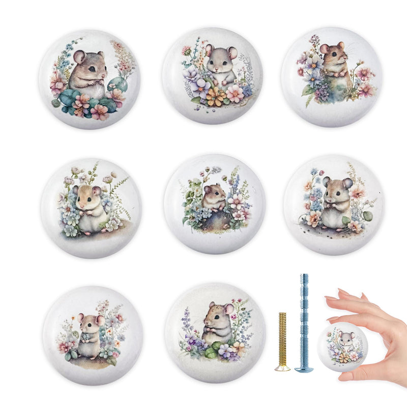 8Pack1.5 Hamsters with Flower Ceramics Knob Handle Cute Animal Kids Nursery Cabinet Dresser Drawers Pulls and Knobs