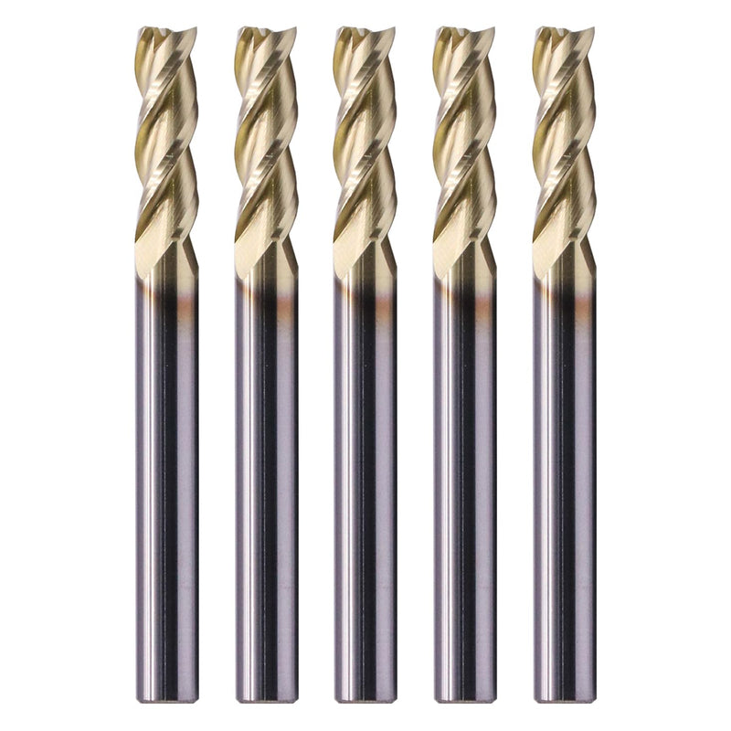 5Pcs 3/16" 3 Flute Solid Carbide Square End Mill, ZrN Coated for Aluminum | 37° Helix, 3/16" Cutting Dia, 3/16" Shank Dia, 5/8" Length of Cut, 2" Overall Length, for Milling Aluminum and Copper 3/16 in