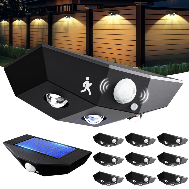 12 Pack Solar Fence Lights, Motion Sensor Outdoor Light with 3 Sided Lighting, 60 Lumens Fence Light Solar Powered, Solar Lights Outdoor Waterproof with 3000K/7000K Mode for Patio, Backyard, Fence 12 Pack Black