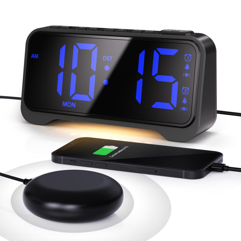 Mesqool Extra-Loud Alarm Clock with Bed Shaker for Heavy Sleepers, Vibrating & Buzzer Modes, Dual Alarms, USB Charging, Snooze & Battery Backup for Adults, Teens, Seniors Blue Digits With Bed Shaker