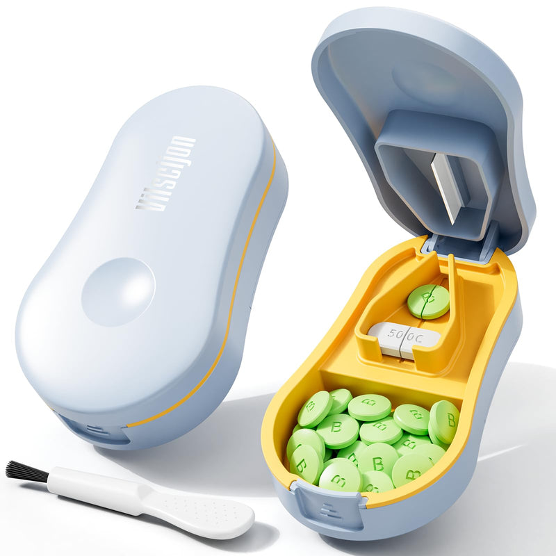 Pill Cutter for Small and Tiny Pills - Pill Splitter with Detachable Silicone Pad - Easy Open Snap Button. Wrap-Around Blade Guard Prevents Cuts. Back Storage (Blue) Blue